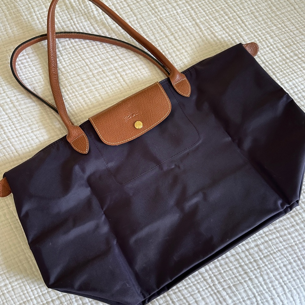 Longchamp Navy Tote Bag with Brown Trim